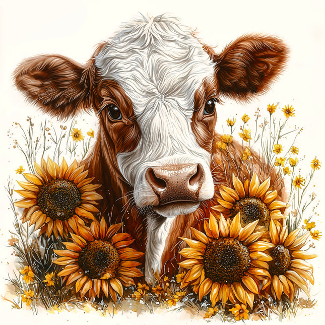 cow surrounded by sunflowers fabric panel