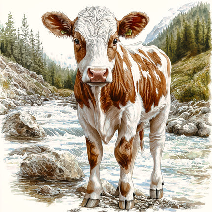 Brown and white cow standing by a stream fabric panel