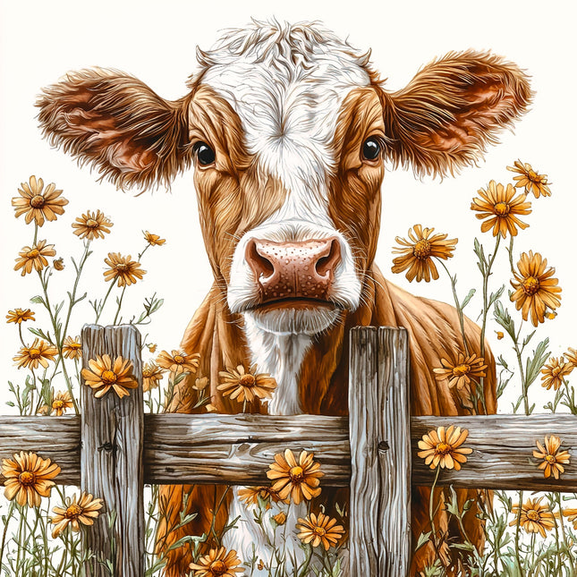 cow behind a wooden fence with flowers fabric panel