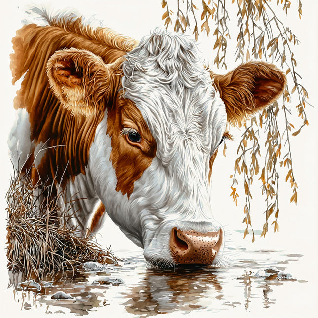 Cow drinking water with willow branches fabric panel