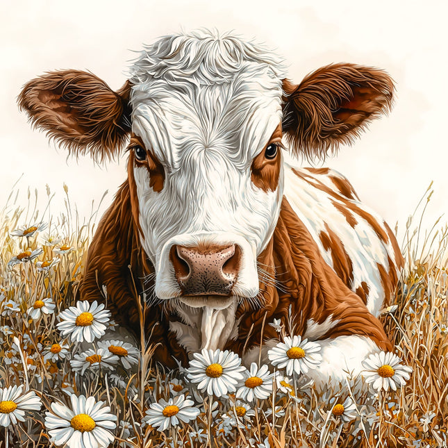 Cow in a field with flowers fabric panel