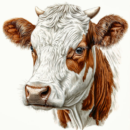 Detailed illustration of a cow's face with brown and white fabric panel