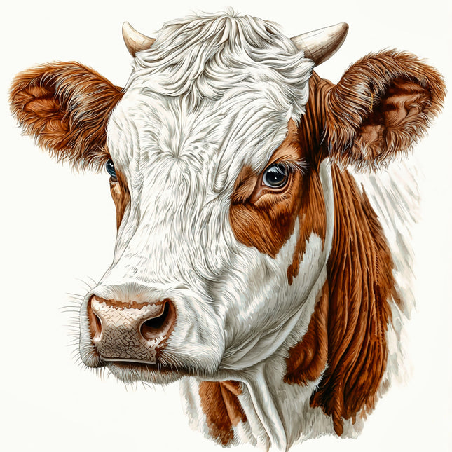 Detailed illustration of a cow's face with brown and white fabric panel