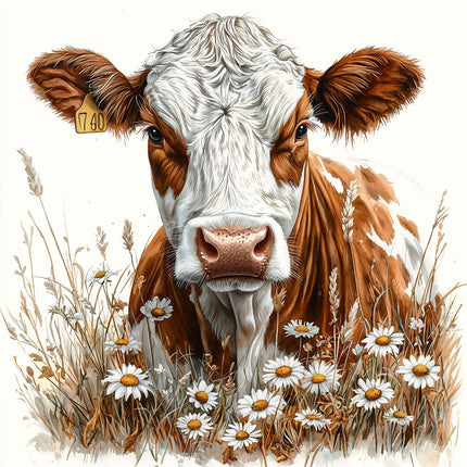 cow in a field with flowers fabric panel