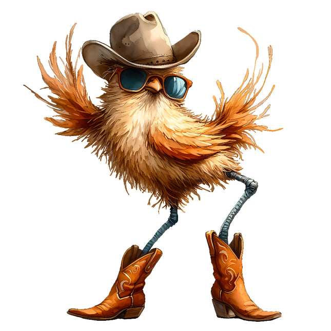 Illustration of a bird wearing a cowboy hat, sunglasses, and boots quilt panel