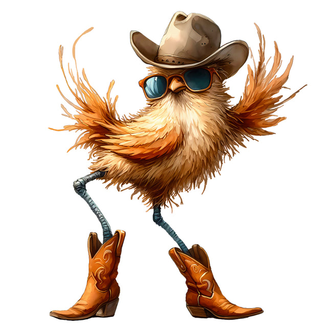 Illustration of a bird wearing a cowboy hat, sunglasses, and boots quilt block