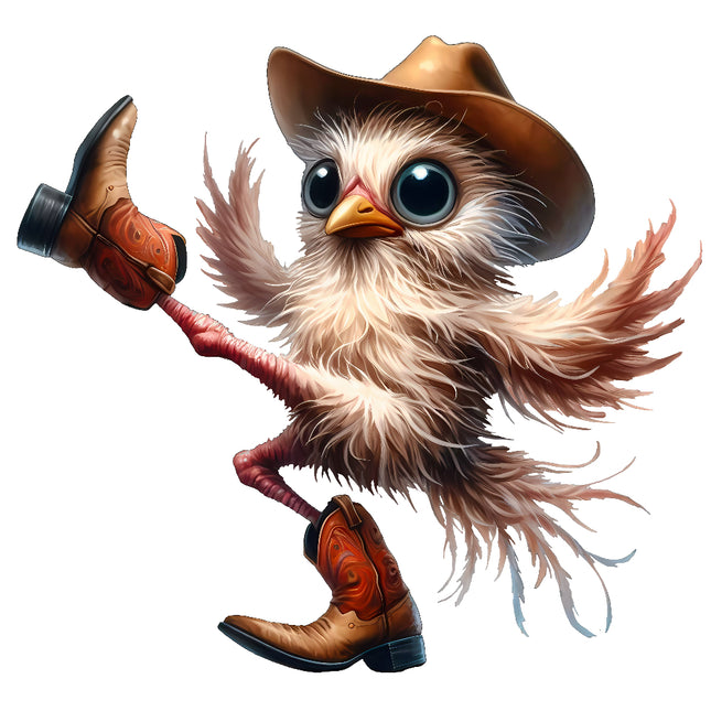 Illustration of a bird wearing a cowboy hat and boots quilt panel