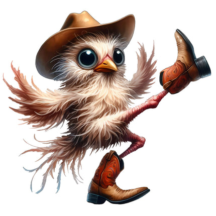 Illustration of a bird wearing a cowboy hat and boots fabric panel