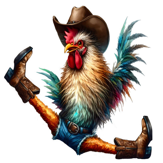 Colorful rooster wearing a cowboy hat, boots, and jeans fabric panel