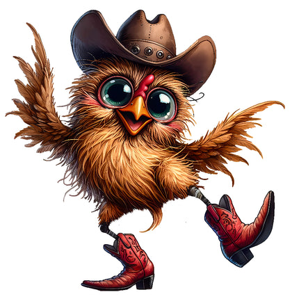 Illustration of a chicken wearing a cowboy hat and boots fabric panel
