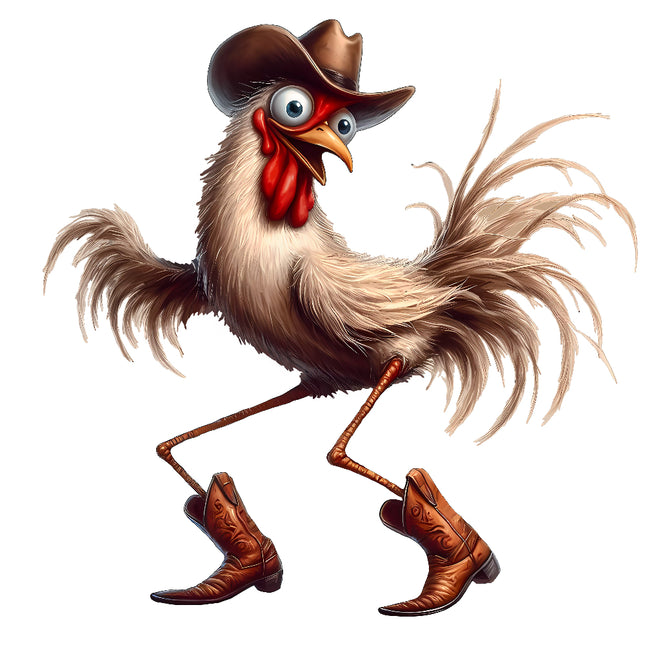 Cartoon rooster wearing a cowboy hat and boots quilt panel