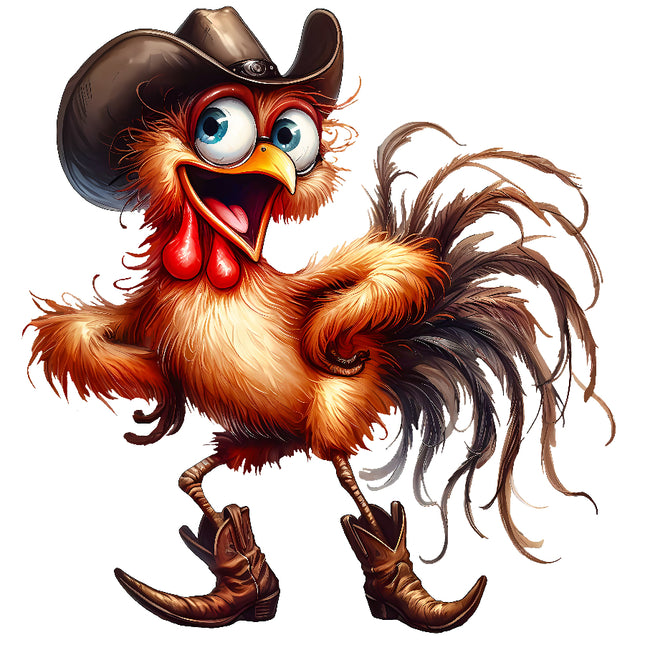 Cartoon rooster wearing a cowboy hat and boots fabric panel