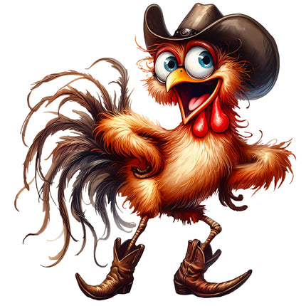 Cartoon rooster wearing a cowboy hat and boots quilt square