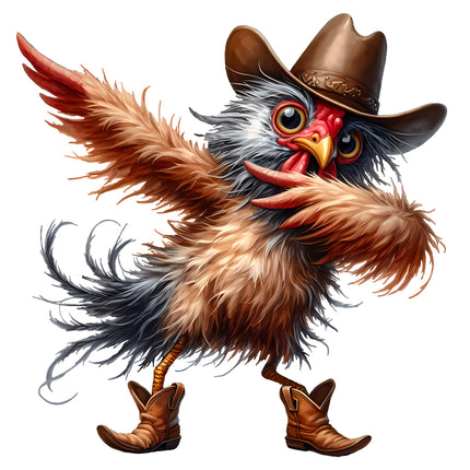 Cartoon chicken in a cowboy outfit with a hat, boots, and feathers quilt square