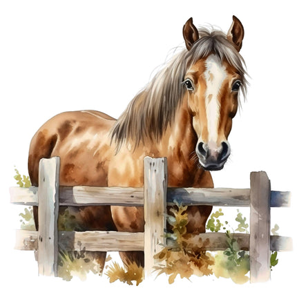 Painted image of a horse behind a wooden fence quilt panel