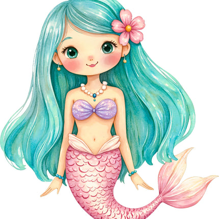 Cartoon mermaid with teal hair and pink tail fabric panel