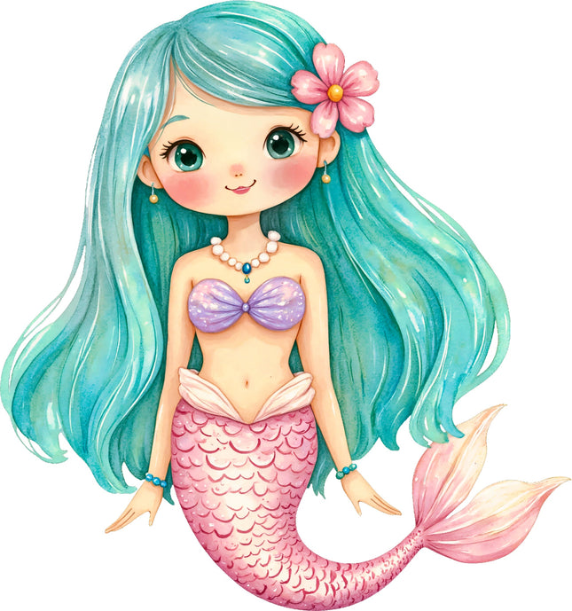 Cartoon mermaid with teal hair and pink tail fabric panel
