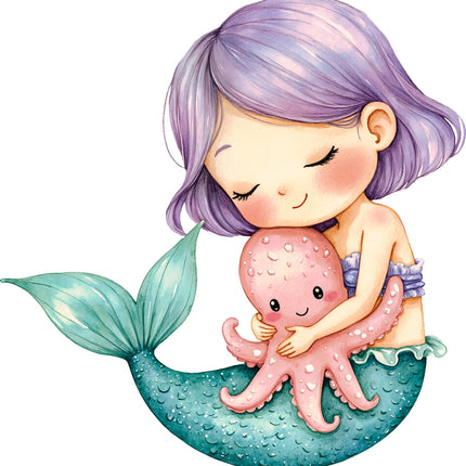 mermaid with purple hair holding an octopus fabric panel
