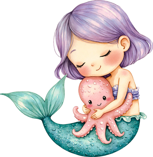 mermaid with purple hair holding an octopus fabric panel