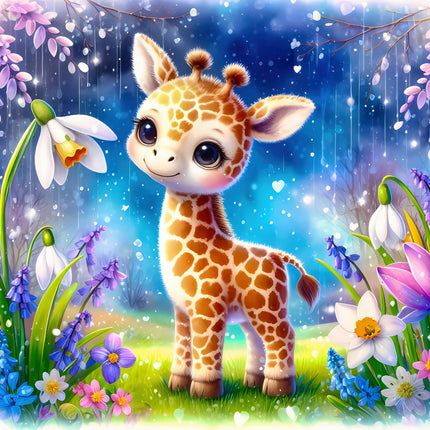 Cartoon giraffe in a colorful garden with flowers and raindrops quilt panel