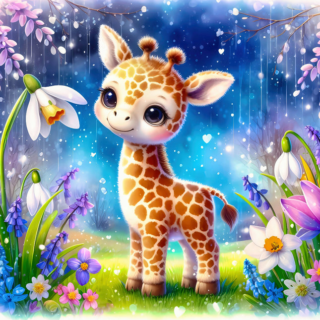 Cartoon giraffe in a colorful garden with flowers and raindrops quilt panel