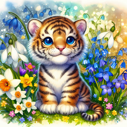 Cartoon tiger cub surrounded by colorful flowers fabric panel
