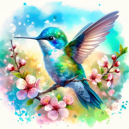 Colorful hummingbird on a branch with flowers quilt block