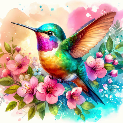 Colorful hummingbird among pink flowers with a soft, pastel background quilt panel
