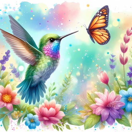 Colorful illustration of a hummingbird and butterfly among flowers with a pastel background fabric panel