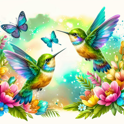 Two colorful hummingbirds and butterflies among flowers on a bright background fabric panel