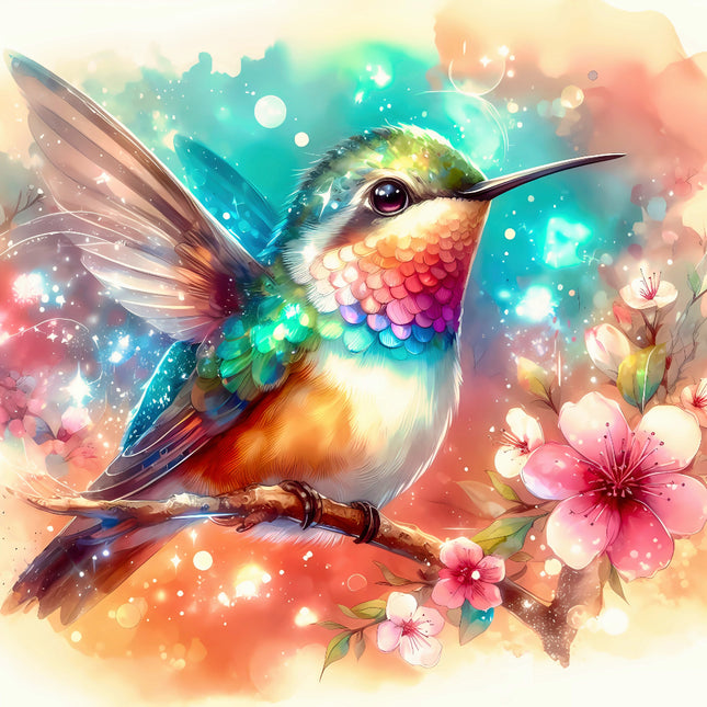 Colorful hummingbird perched on a branch with pink flowers fabric panel