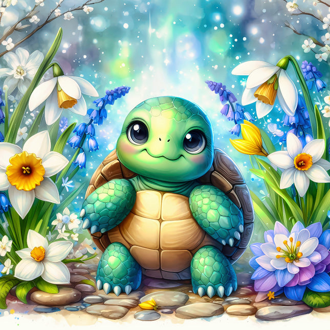Cartoon turtle surrounded by colorful flowers and foliage fabric panel