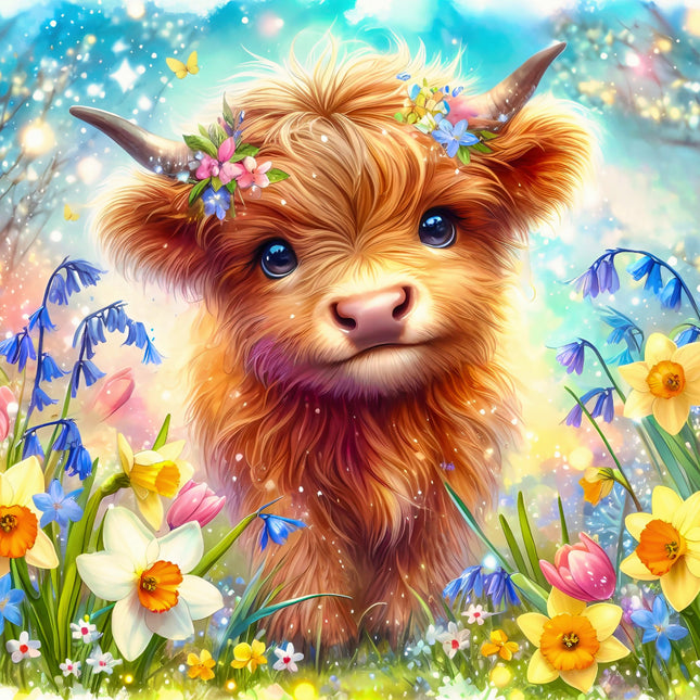 Illustration of a fluffy cow with flowers in a colorful, fantasy-like setting fabric panel