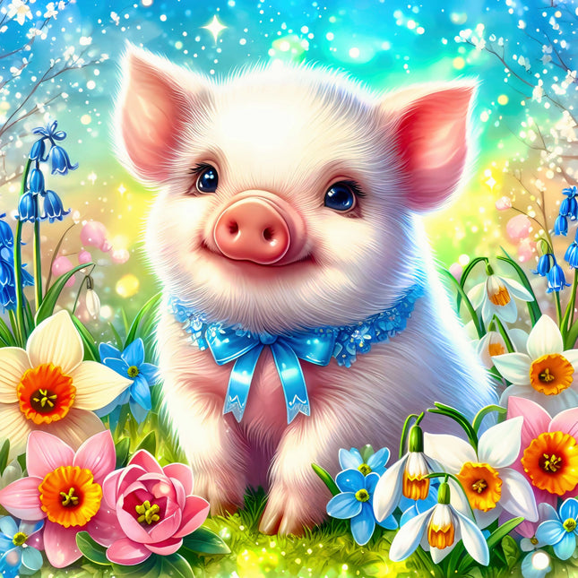 Illustration of a cute pig with a blue bow surrounded by colorful flowers quilt panel