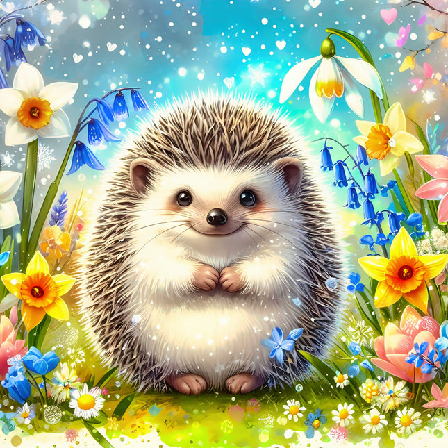 Illustration of a hedgehog surrounded by colorful flowers and butterflies fabric panel