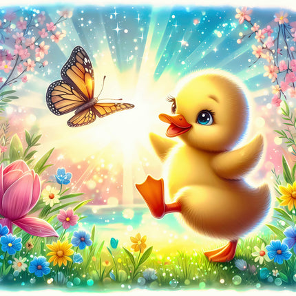 Cartoon duck and butterfly in a colorful garden with flowers and butterflies
