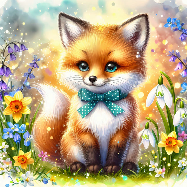 Cartoon fox with a bow tie surrounded by flowers fabric panel
