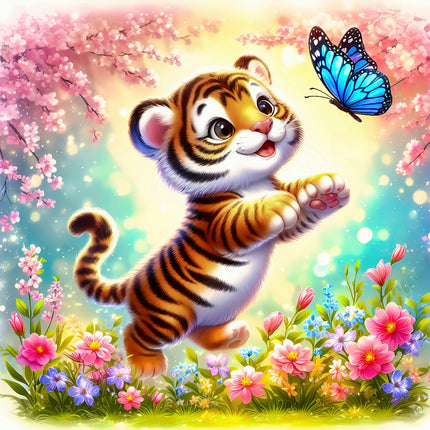 Cartoon tiger in a garden with flowers and a butterfly fabric panel
