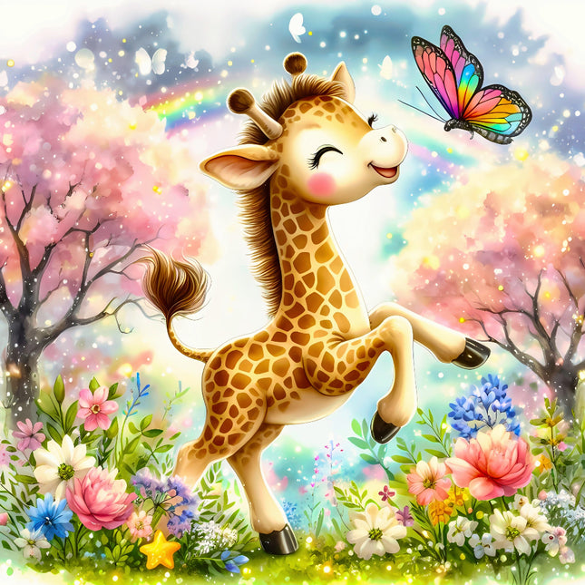 Cartoon giraffe in a colorful forest with flowers and a butterfly quilt panel