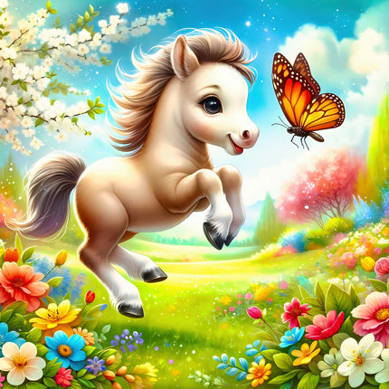 Illustration of a horse and butterfly in a colorful garden quilt panel