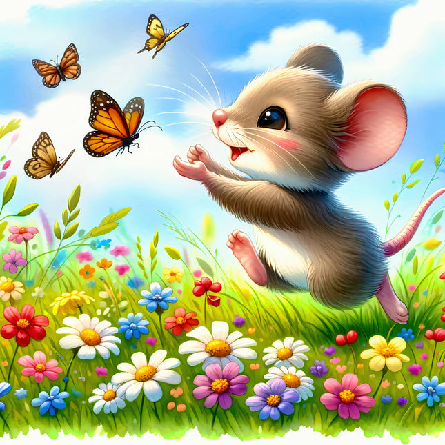 Illustration of a mouse reaching for butterflies in a colorful garden fabric panel