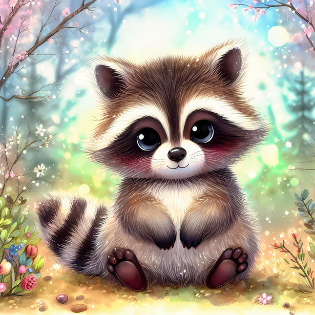 Illustration of a cute raccoon in a forest setting with flowers and trees quilt block