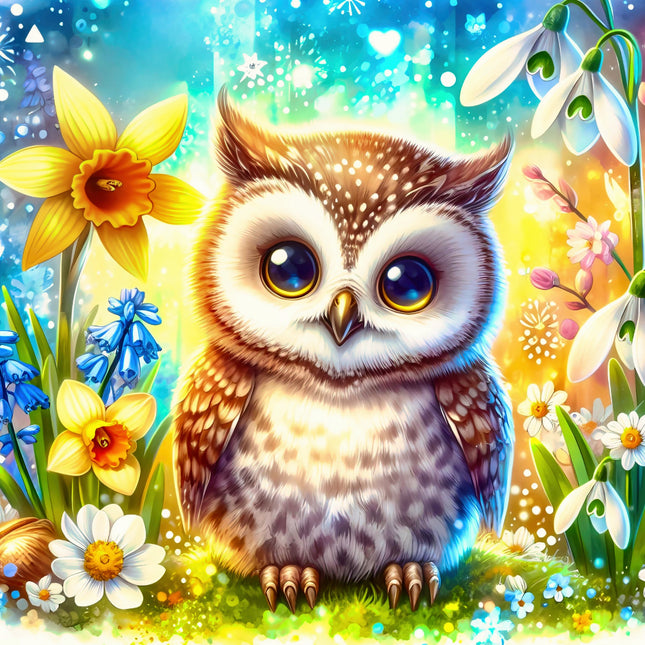 Illustration of an owl surrounded by colorful flowers and plants fabric panel