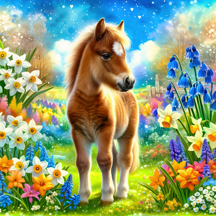 Horse in a colorful garden with flowers and a starry sky fabric panel