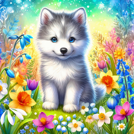 Illustration of a fluffy puppy surrounded by colorful flowers fabric panel