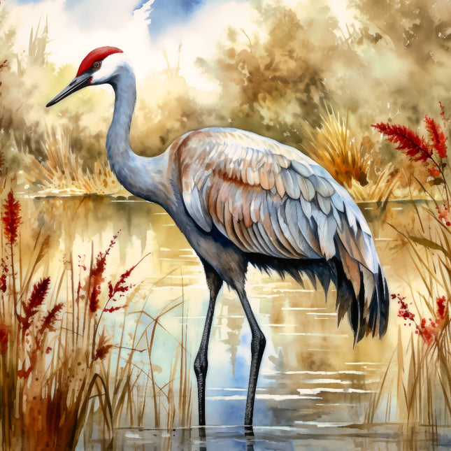 Painting of a crane standing in water with reeds and flowers fabric panel