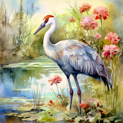Painting of a crane bird in a natural setting with flowers and water fabric panel