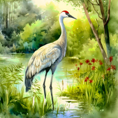 Bird standing in a lush green forest with flowers fabric panel