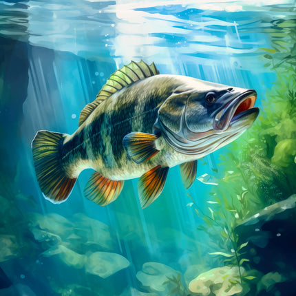 Fish swimming in an underwater scene with rocks and plants quilt block