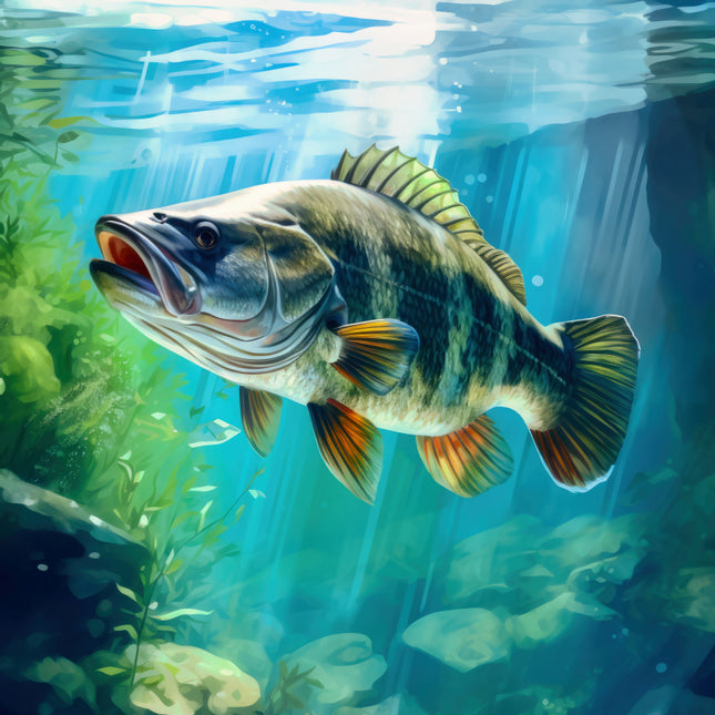 Fish swimming in an underwater scene with plants and light rays quilt panel